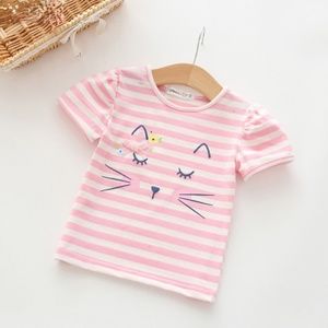 Girls Short Sleeve Cotton Striped Pink Tee Shirts
